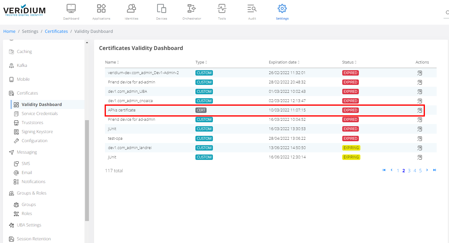 APNs expired certificate found in the Validity Dashboard list